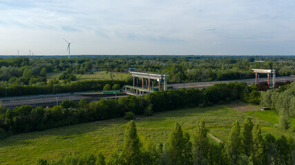 Fototapeta na wymiar Aerial view towards the Tijsluis locks on the Dender river, in Dendermonde, Belgium