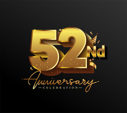 52nd Anniversary Logotype with Gold Confetti Isolated on Black Background, Vector Design for Greeting Card and Invitation Card