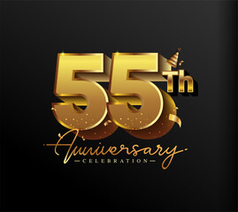 55th Anniversary Logotype with Gold Confetti Isolated on Black Background, Vector Design for Greeting Card and Invitation Card