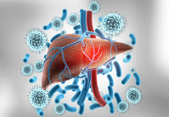 Human liver anatomy with hepatitis virus. 3d illustration..