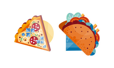 Slice of Pizza and Tacos, Set, Top View of Appetizing Fresh Fast Food Dishes Flat Vector Illustration