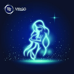 virgo horoscope sign in twelve zodiac with galaxy stars background, graphic of wireframe sexy girl.