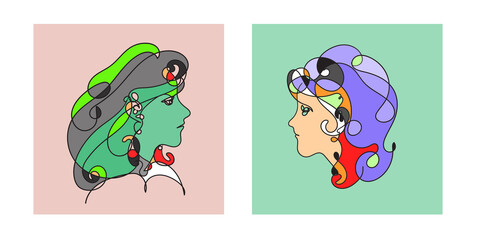 Fototapeta premium Colorful Woman portrait continuous line art drawing in psychedelic abstract surreal style.