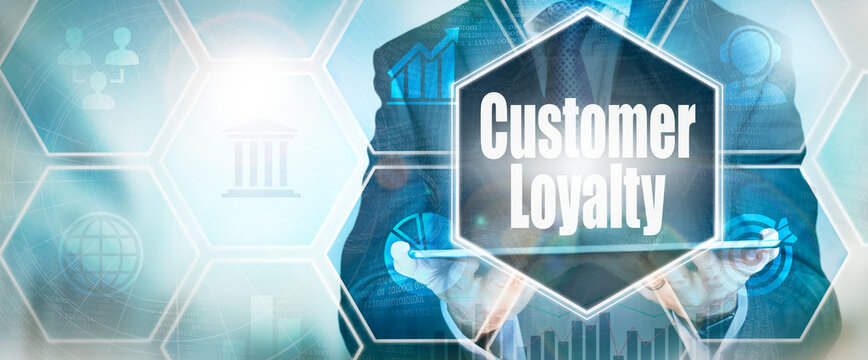 A Customer Loyalty business word concept on a futuristic blue display.