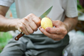 man holding potatoes in his hands