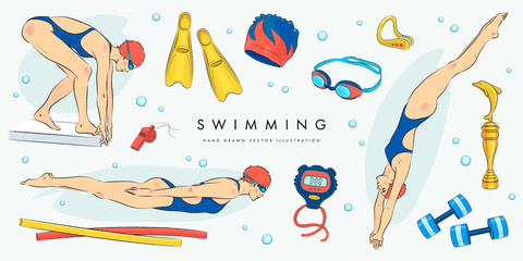 Set of women in swimwear in various poses. Jumping into the water and swimming in the pool. 
Swimming pool elements. Vector illustration
