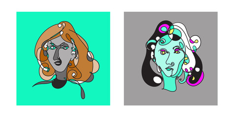 Colorful Woman portrait continuous line art drawing in psychedelic abstract surreal style.