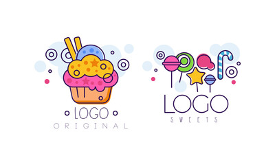 Sweets Logo Design Set, Tasty Cupcake and Candies Dessert Labels for Bakery, Candy Shop, Cafe Design Cartoon Style Vector Illustration