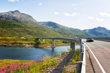 Beautiful bridge at summer day in Lofoten islands, Norway. Nordic scenery. Travel