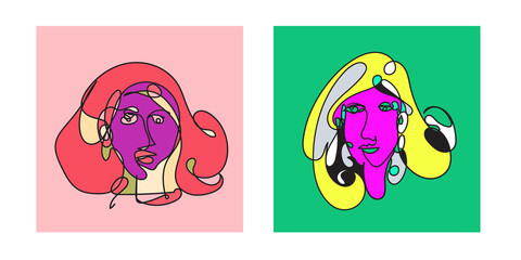 Colorful Woman portrait continuous line art drawing in psychedelic abstract surreal style.