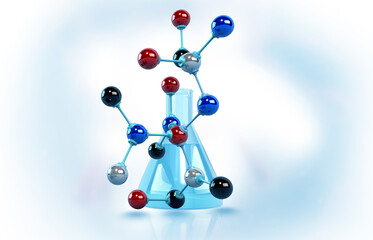 Chemistry flask with molecules model. 3d illustration..