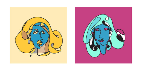 Colorful Woman portrait continuous line art drawing in psychedelic abstract surreal style.
