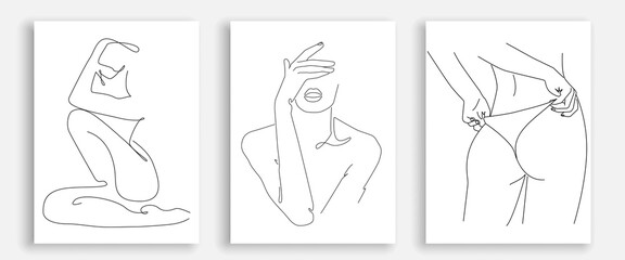 Vector Prints Set with Woman Body Line Art Style. Female Figure Poster. Modern Wall Art, Aesthetic Design. Perfect for Home Decor, Wall Art Posters, or t-shirt Print, Mobile Case. Vector EPS 10