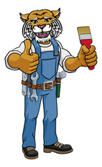 A wildcat painter decorator cartoon animal mascot holding a paintbrush and giving a thumbs up