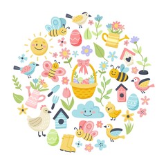 Easter spring set with cute eggs, birds, bees, butterflies. Hand drawn flat cartoon elements in circular frame. Vector illustration