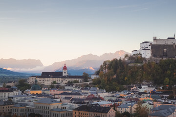 Sunrise or sunset cityscape view of Stift Nonnberg Benedictine Monastery, Fortress Hohensalzburg...