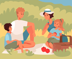 Family with kids at the picnic in summer. Flat design illustration. Vector