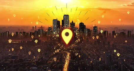 Pin Marker Over The City. Traveling And Tourism Related Concept. Technology And Tourism Related 3D CG Animation. - Powered by Adobe