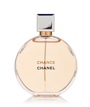 Bottle of perfume Chance Chanel. on white background. Coco Chanel