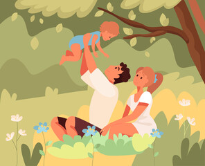 Woman and man with newborn baby in forest. Flat design illustration. Vector