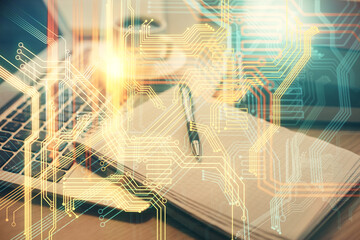 Double exposure of map drawing and desktop with coffee and items on table background. Concept of global data.