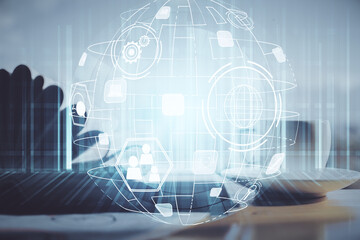 Double exposure of social network drawing and desktop with coffee and items on table background. Concept of international connection.