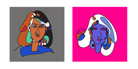 Fototapeta na wymiar Colorful Woman portrait continuous line art drawing in psychedelic abstract surreal style.