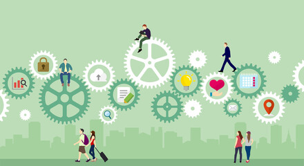 Business concept illustration banner. Gear wheel (technology) and people’s life.