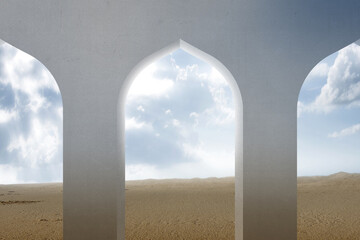 Mosque window with a desert view