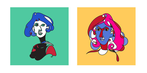 Colorful Woman portrait continuous line art drawing in psychedelic abstract surreal style.