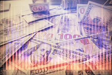 Multi exposure of forex chart drawing over us dollars bill background. Concept of financial success markets.