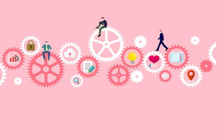 Business concept illustration banner. Gear wheel (technology) and people’s life.