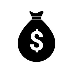 Money bag vector icon, moneybag flat simple cartoon illustration with black drawstring and dollar sign.