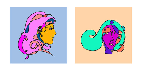 Colorful Woman portrait continuous line art drawing in psychedelic abstract surreal style.
