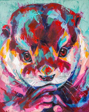 Otter portrait painting in multicolored tones. Conceptual abstract painting of a Otter muzzle. Closeup of a painting by oil and palette knife on canvas. © Mari Dein