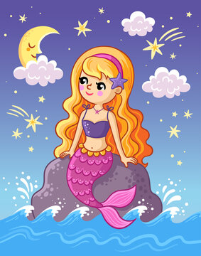 The mermaid sits on a stone above the sea and looks at the moon at night.