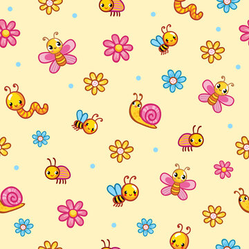 Vector seamless illustration on with worm, snail and flowers. Pattern in children's cartoon style