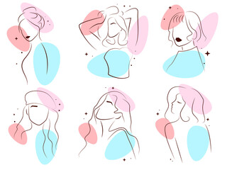 Collection of girls in a minimalistic style, isolated on white background. Continuous line image of a girl in colored spots in pastel colors. Vector illustration