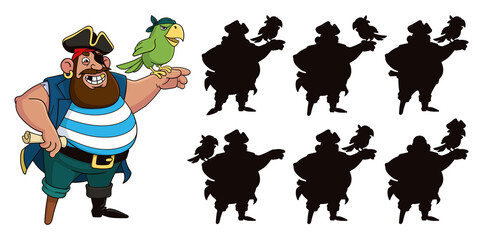 Funny fat pirate and parrot. Find the correct shadow. Educational game for children. Cartoon vector illustration.