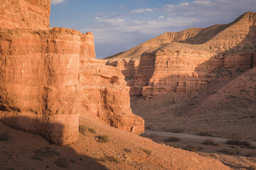 Rugged badlands landscape and terrain of Charyn Canyon National Park in the Almaty Province of Kazakhstan.