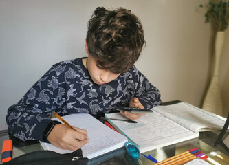Home scene. Times of covid 19. Child applied and serious, doing homework and reading carefully