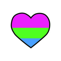Vector illustration of the heart filled with the Polysexual pride flag on white background.