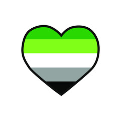 Vector illustration of the heart filled with the Aromantic pride flag on white background.