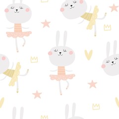 seamless pattern with bunny ballerina, decor elements. Colorful vector flat style for kids. Animals. hand drawing. baby design for fabric, print, wrapper © Ann1988