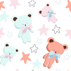 
Seamless baby pattern with cute bears. Ideal for baby fabrics, textiles, backgrounds, packaging, covers. Creative background vector
