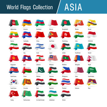 Flags of Asia, waving in the wind. Icons pointing location, origin, language. Vector world flags collection.