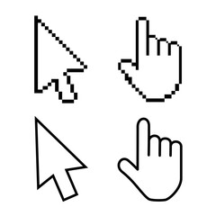 Hand cursor icon with an index finger and arrow. Pixel design graphics for modern computer technology, web sites, blogs, computer applications, programs. Vector illustration in flat style