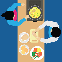 top view of  man and woman working at kitchen table. vector illustration