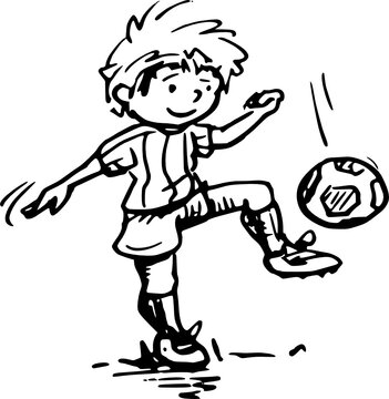 Happy child playing with a football - pen drawing with black ink. 