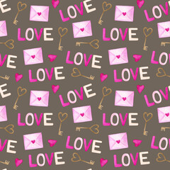 Valentines seamless pattern with pink hearts, keys, envelopes and phrases. Watercolor hand-painted design for print, packaging, wrapping, web, fabric, textile, wedding, gift paper, greeting card 